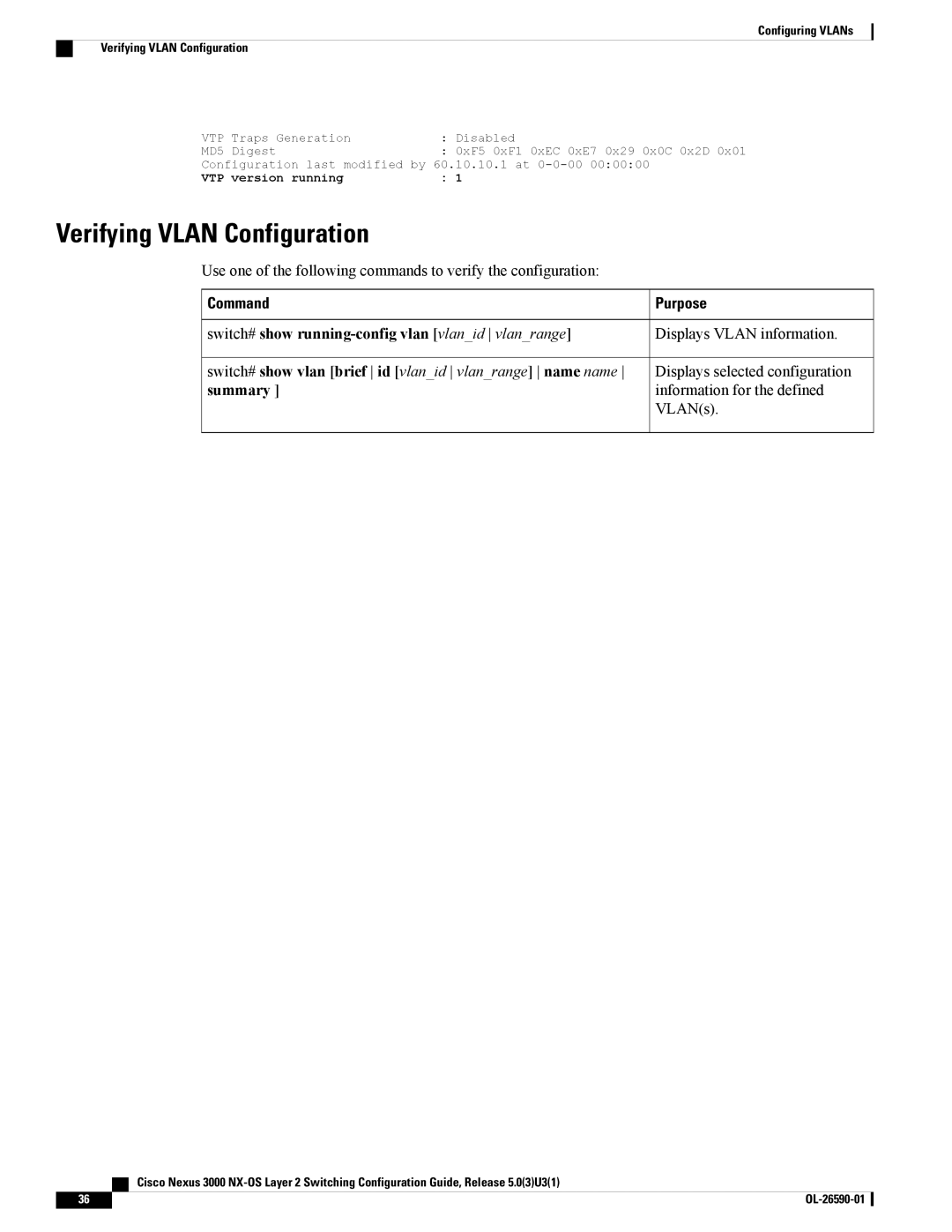 Cisco Systems N3KC3048TP1GE manual Verifying Vlan Configuration, Switch# show running-config vlan vlanid vlanrange, Summary 