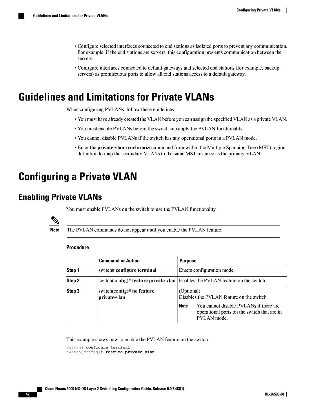 Cisco Systems N3KC3048TP1GE manual Guidelines and Limitations for Private VLANs, Configuring a Private Vlan, Private-vlan 