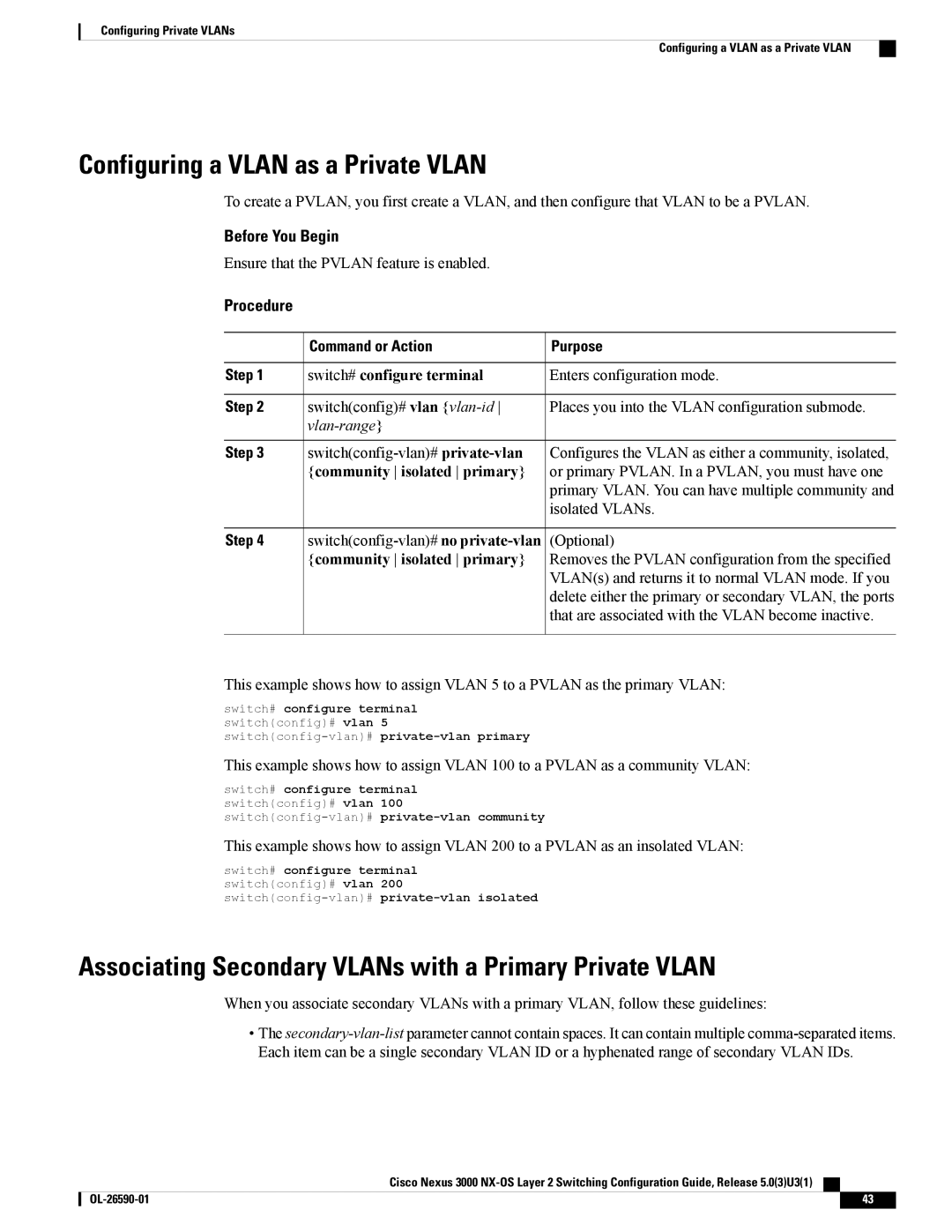 Cisco Systems N3KC3064TFAL3 Configuring a Vlan as a Private Vlan, Associating Secondary VLANs with a Primary Private Vlan 