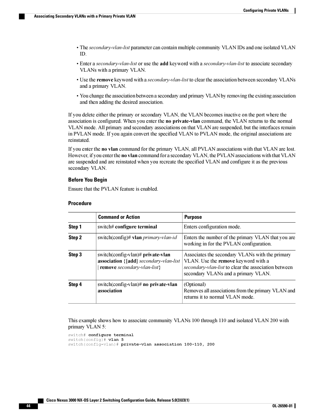 Cisco Systems N3KC3048TP1GE, N3KC3064TFAL3 manual Association add secondary-vlan-list, Remove secondary-vlan-list 