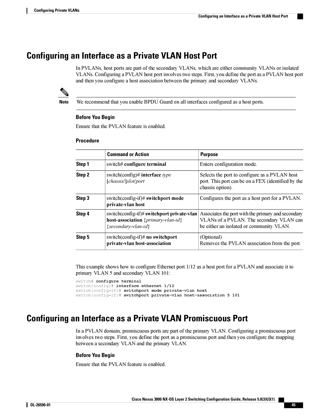 Cisco Systems N3KC3064TFAL3, N3KC3048TP1GE manual Configuring an Interface as a Private Vlan Host Port 