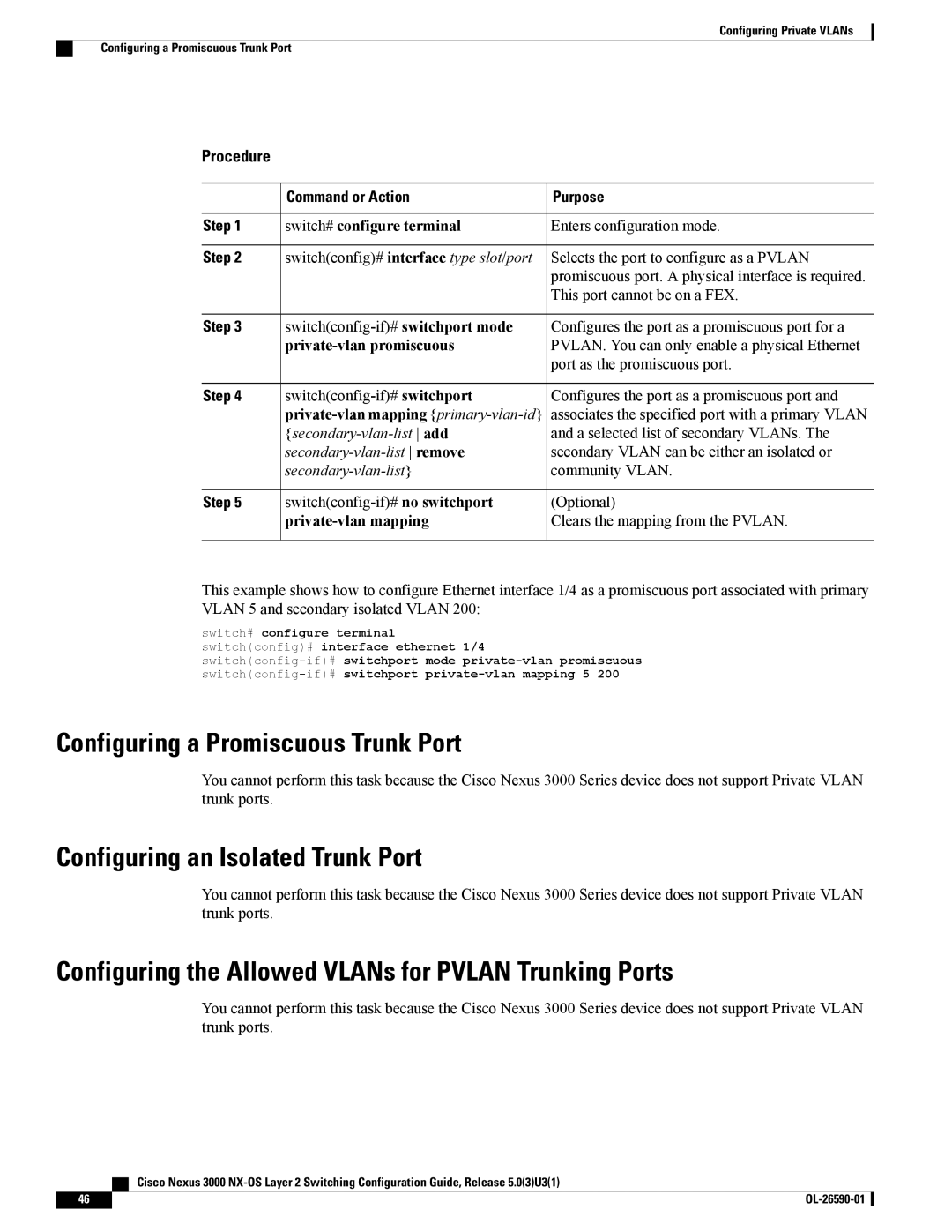 Cisco Systems N3KC3048TP1GE, N3KC3064TFAL3 manual Configuring a Promiscuous Trunk Port, Configuring an Isolated Trunk Port 