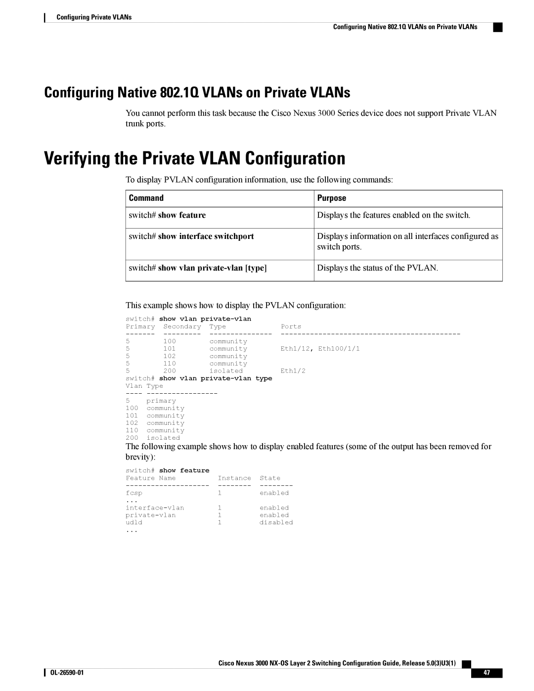 Cisco Systems N3KC3064TFAL3 Verifying the Private Vlan Configuration, Configuring Native 802.1Q VLANs on Private VLANs 