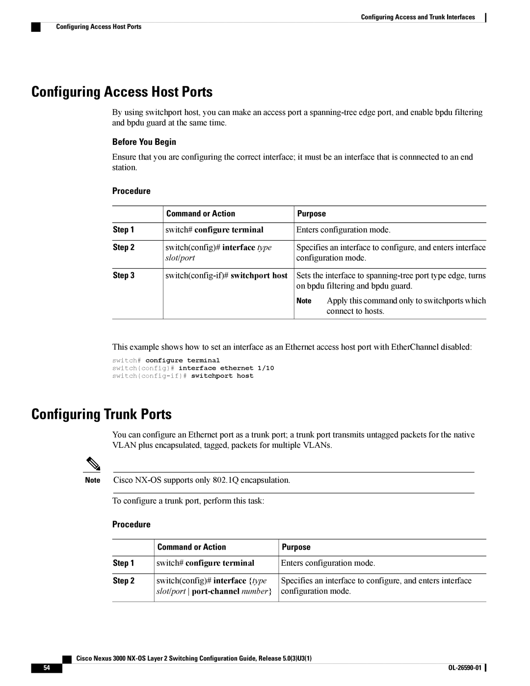 Cisco Systems N3KC3048TP1GE manual Configuring Access Host Ports, Configuring Trunk Ports, Switchconfig-if# switchport host 