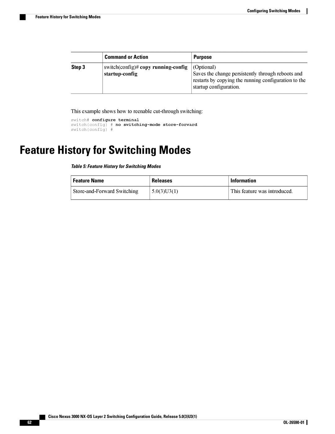 Cisco Systems N3KC3048TP1GE manual Feature History for Switching Modes, Saves the change persistently through reboots 