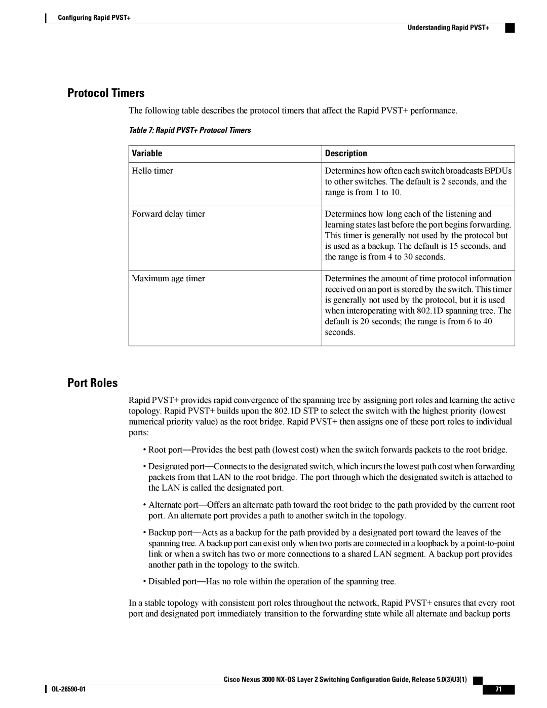 Cisco Systems N3KC3064TFAL3, N3KC3048TP1GE manual Protocol Timers, Port Roles, Variable Description 