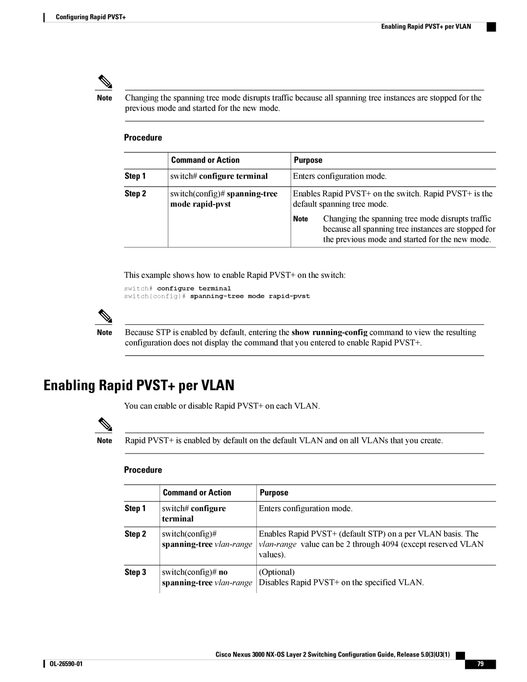 Cisco Systems N3KC3064TFAL3, N3KC3048TP1GE Enabling Rapid PVST+ per Vlan, Mode rapid-pvst, Switch# configure, Terminal 