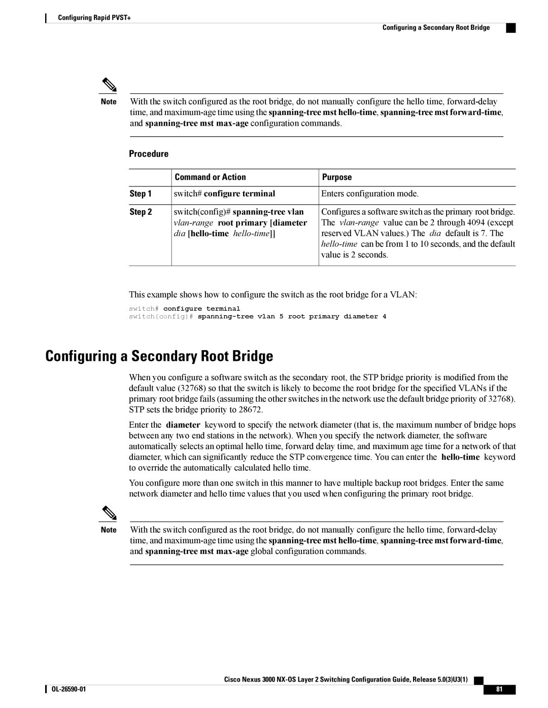 Cisco Systems N3KC3064TFAL3 manual Configuring a Secondary Root Bridge, Spanning-tree mst max-ageconfiguration commands 