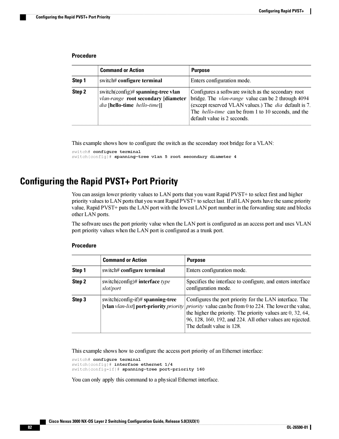 Cisco Systems N3KC3048TP1GE manual Configuring the Rapid PVST+ Port Priority, Vlan vlan-list port-priority priority 