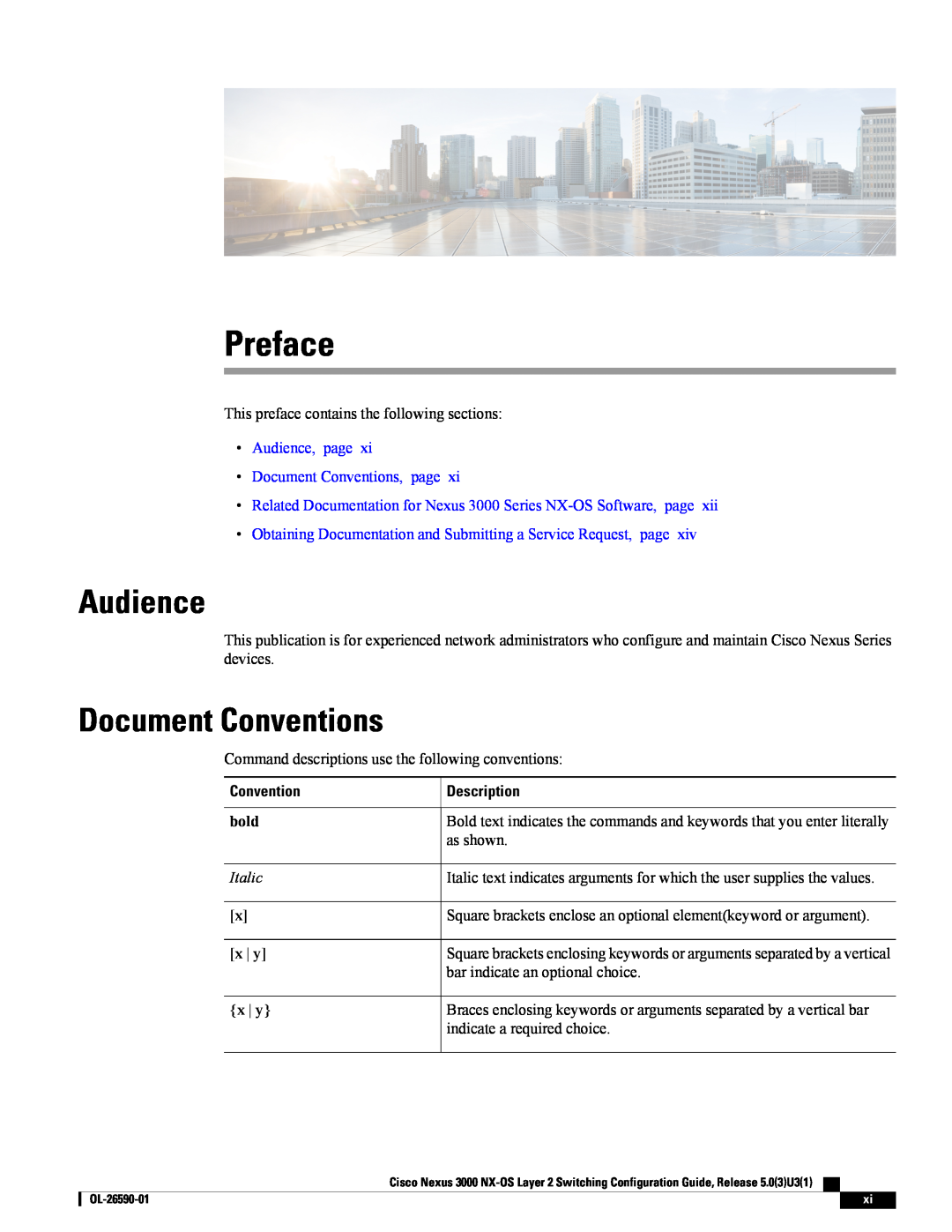 Cisco Systems N3KC3064TFAL3, N3KC3048TP1GE Preface, Audience, page Document Conventions, page, Description, bold 