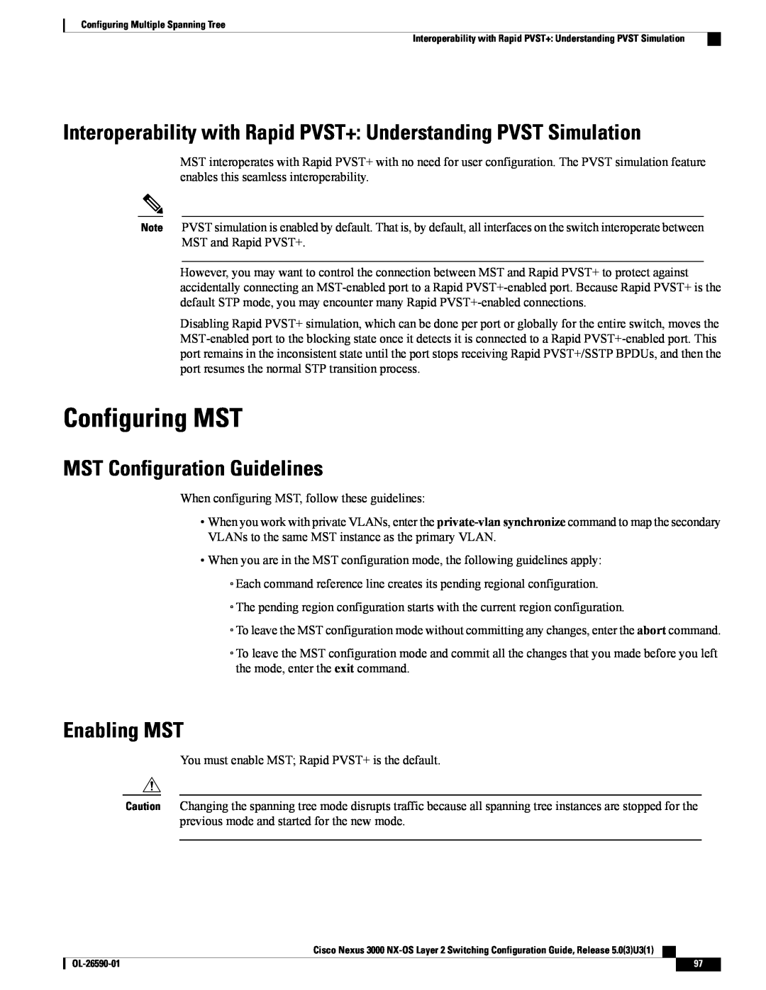 Cisco Systems N3KC3064TFAL3 Configuring MST, Interoperability with Rapid PVST+ Understanding PVST Simulation, Enabling MST 