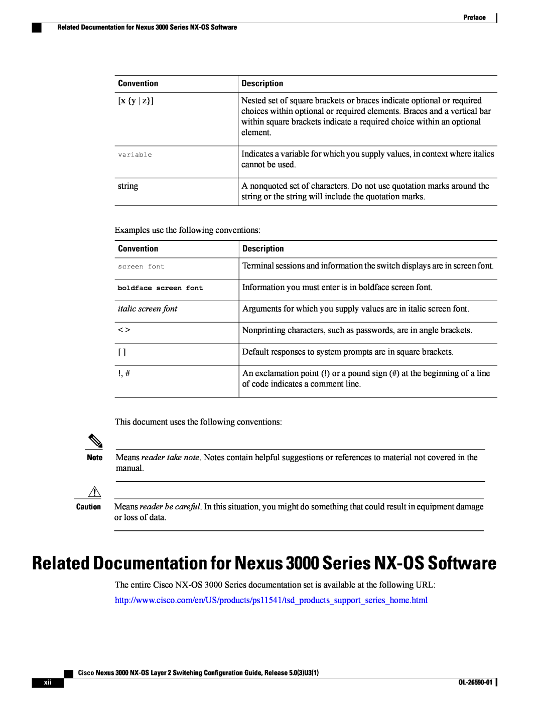 Cisco Systems N3KC3048TP1GE manual Related Documentation for Nexus 3000 Series NX-OS Software, Convention, Description 