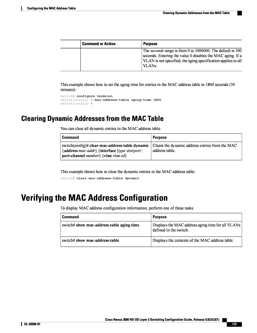 Cisco Systems N3KC3064TFAL3 manual Verifying the MAC Address Configuration, Clearing Dynamic Addresses from the MAC Table 