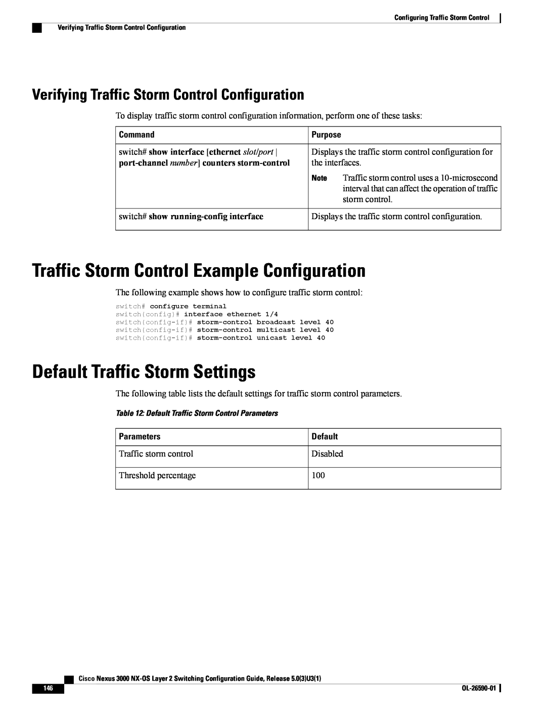 Cisco Systems N3KC3048TP1GE manual Traffic Storm Control Example Configuration, Default Traffic Storm Settings, Parameters 