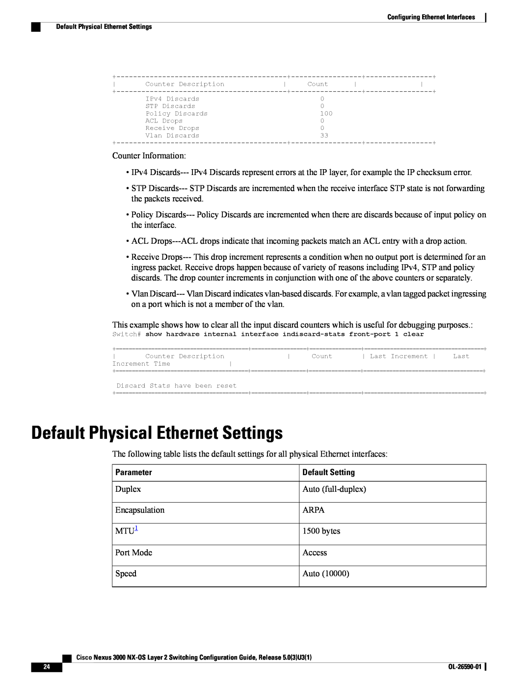 Cisco Systems N3KC3048TP1GE, N3KC3064TFAL3 manual Default Physical Ethernet Settings, Parameter, Default Setting 