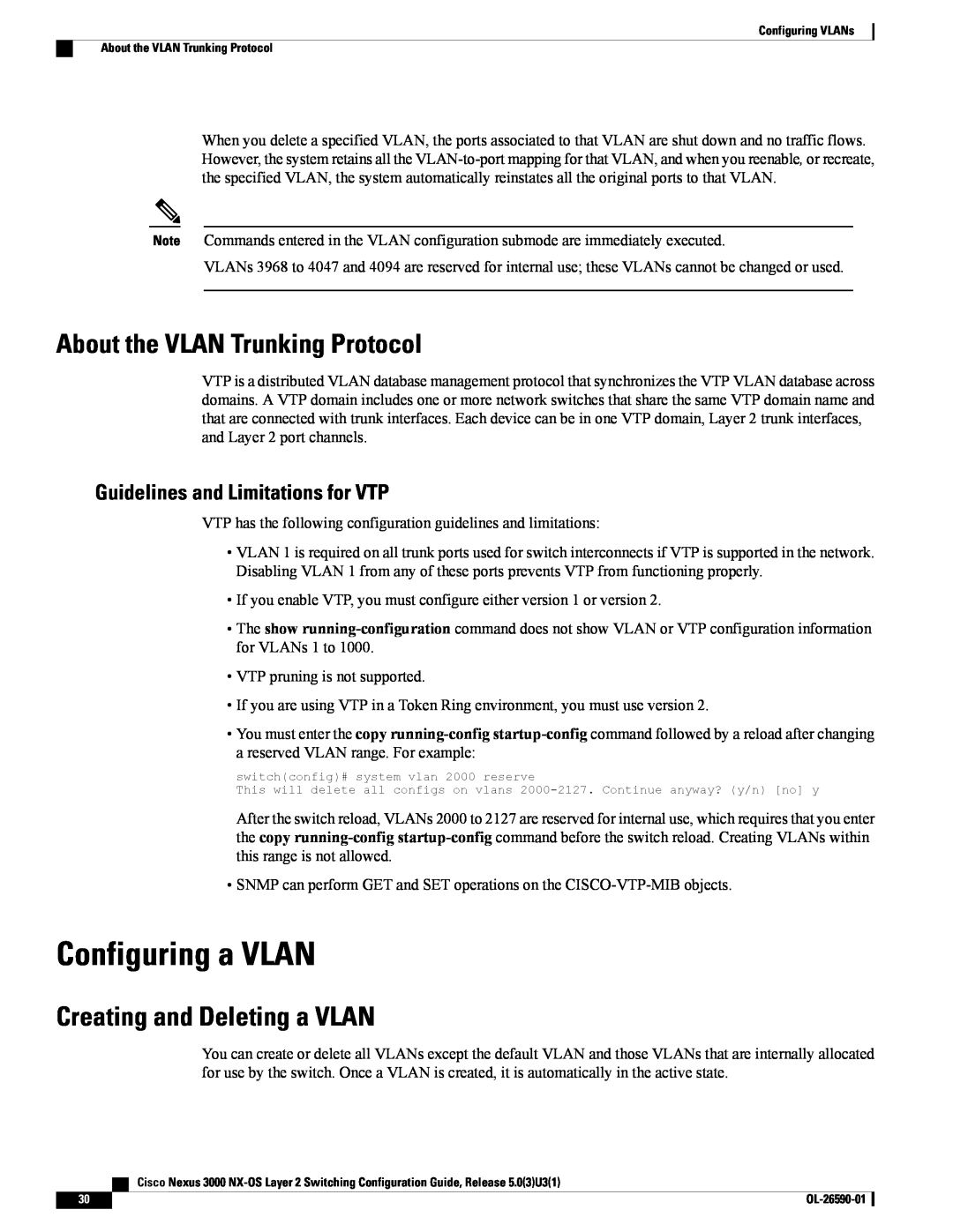 Cisco Systems N3KC3048TP1GE manual Configuring a VLAN, About the VLAN Trunking Protocol, Creating and Deleting a VLAN 