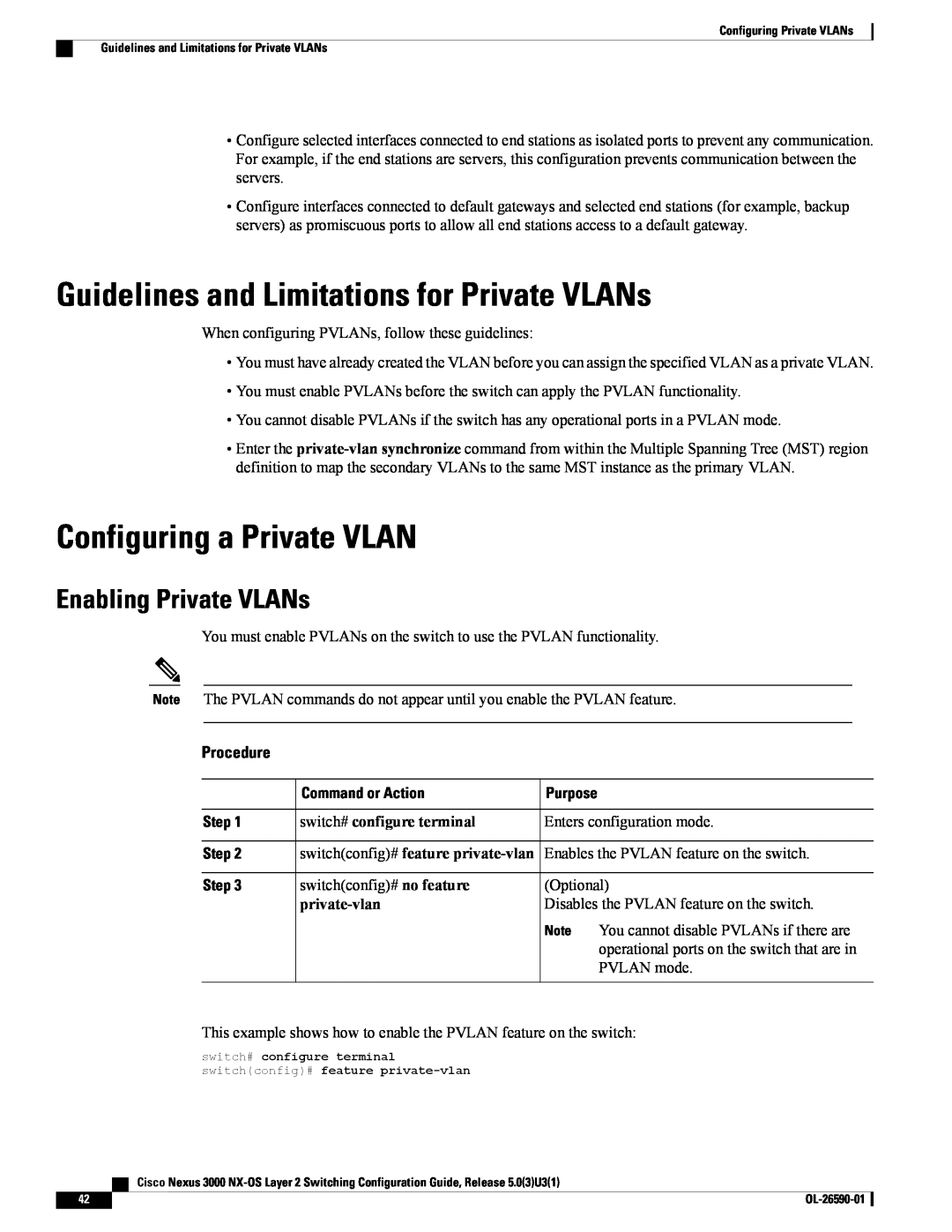 Cisco Systems N3KC3048TP1GE Guidelines and Limitations for Private VLANs, Configuring a Private VLAN, private-vlan, Step 