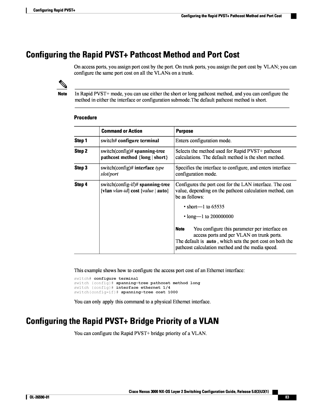 Cisco Systems N3KC3064TFAL3 Configuring the Rapid PVST+ Pathcost Method and Port Cost, pathcost method long short, Step 