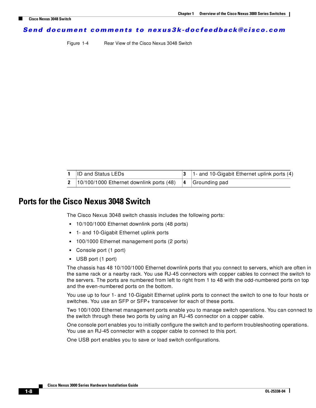 Cisco Systems N3KC3524P10G manual Ports for the Cisco Nexus 3048 Switch, Rear View of the Cisco Nexus 3048 Switch 