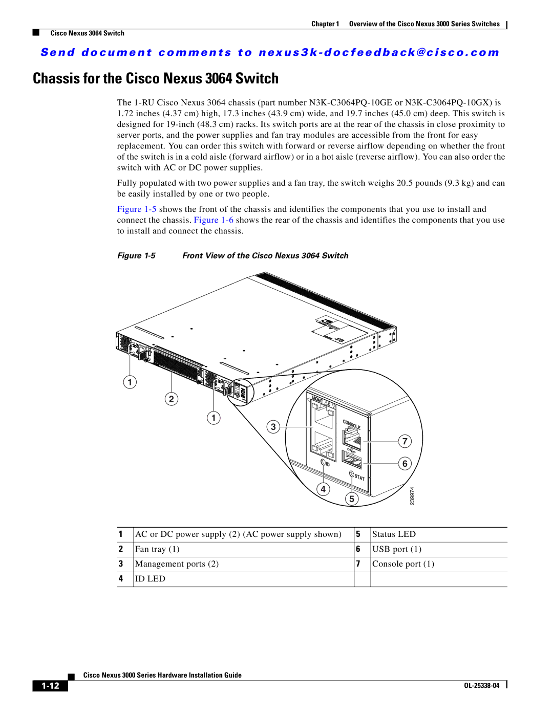 Cisco Systems N3KC3524P10G manual Chassis for the Cisco Nexus 3064 Switch, Front View of the Cisco Nexus 3064 Switch 