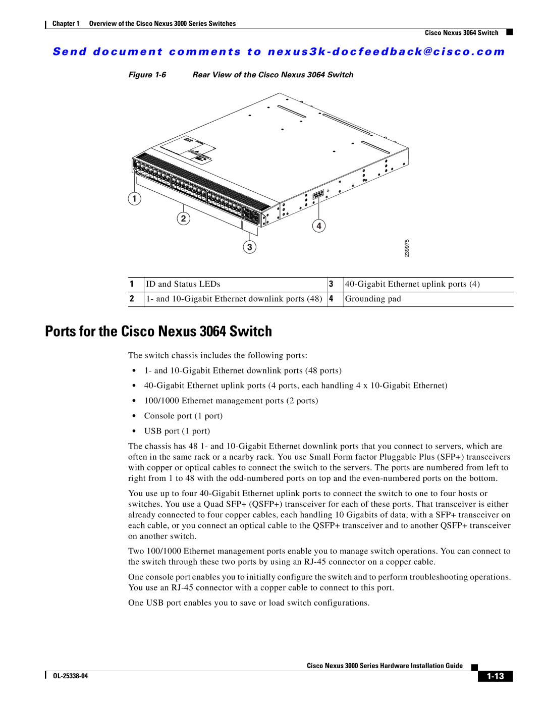 Cisco Systems N3KC3524P10G manual Ports for the Cisco Nexus 3064 Switch, Rear View of the Cisco Nexus 3064 Switch 