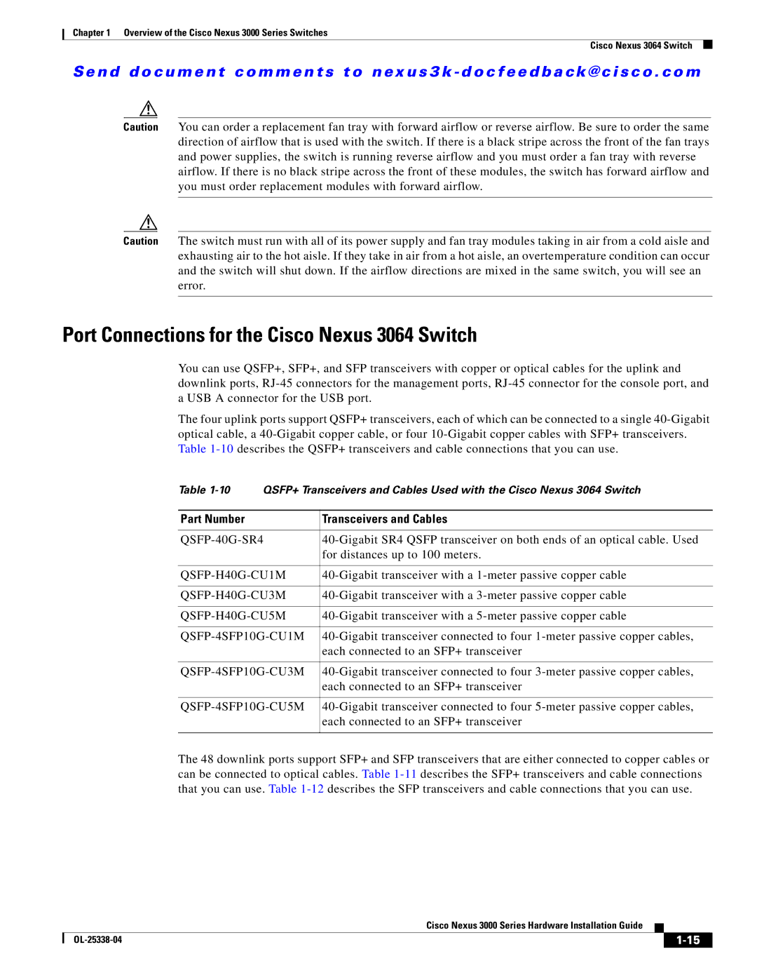 Cisco Systems N3KC3524P10G manual Port Connections for the Cisco Nexus 3064 Switch, Part Number Transceivers and Cables 