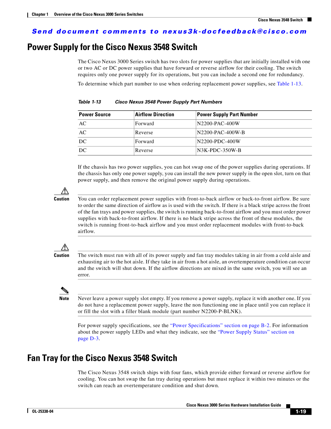 Cisco Systems N3KC3524P10G manual Power Supply for the Cisco Nexus 3548 Switch, Fan Tray for the Cisco Nexus 3548 Switch 