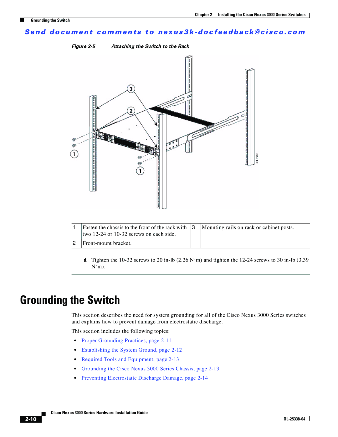 Cisco Systems N3KC3524P10G manual Grounding the Switch, Electrostatic Discharge Damage, page·2-14 