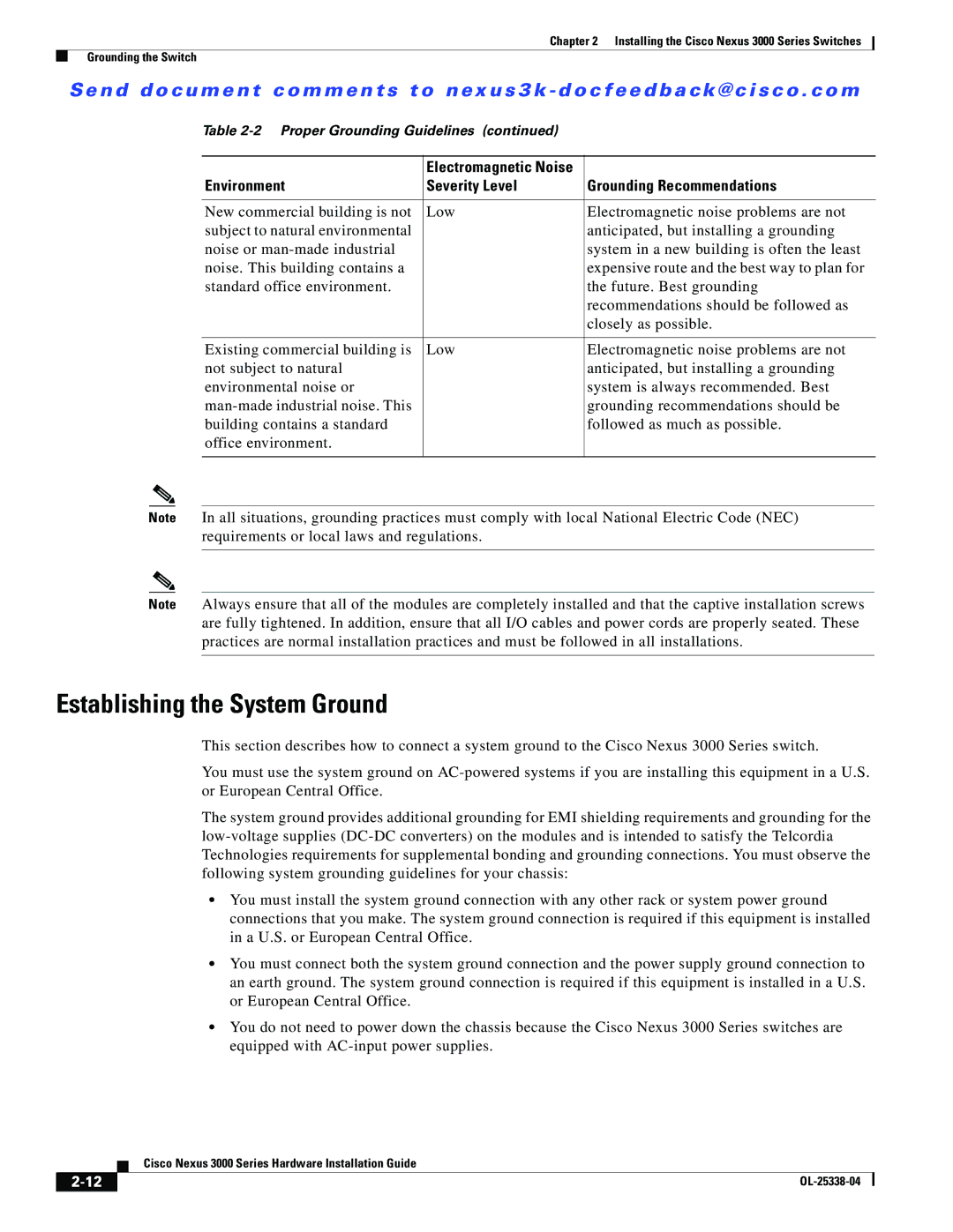 Cisco Systems N3KC3524P10G manual Establishing the System Ground 