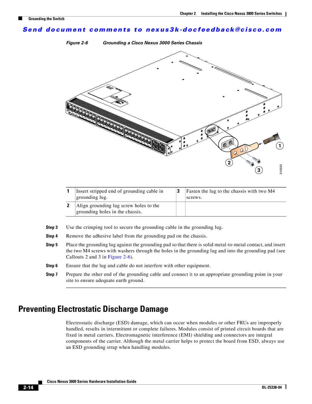 Cisco Systems N3KC3524P10G manual Preventing Electrostatic Discharge Damage, Grounding a Cisco Nexus 3000 Series Chassis 