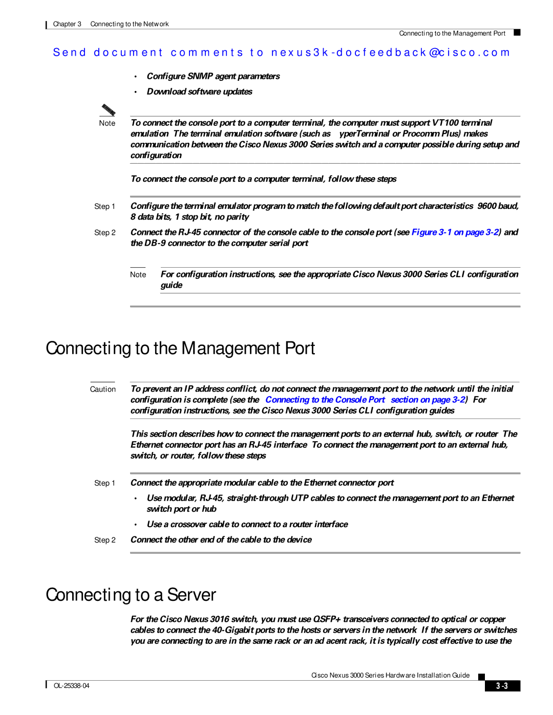 Cisco Systems N3KC3524P10G manual Connecting to the Management Port, Connecting to a Server 