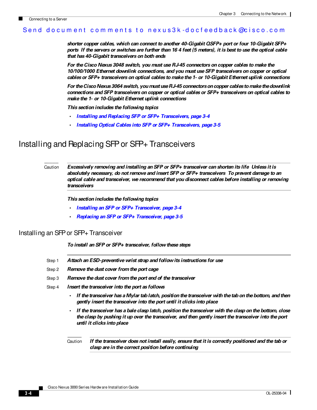 Cisco Systems N3KC3524P10G manual Installing and Replacing SFP or SFP+ Transceivers, Installing an SFP or SFP+ Transceiver 