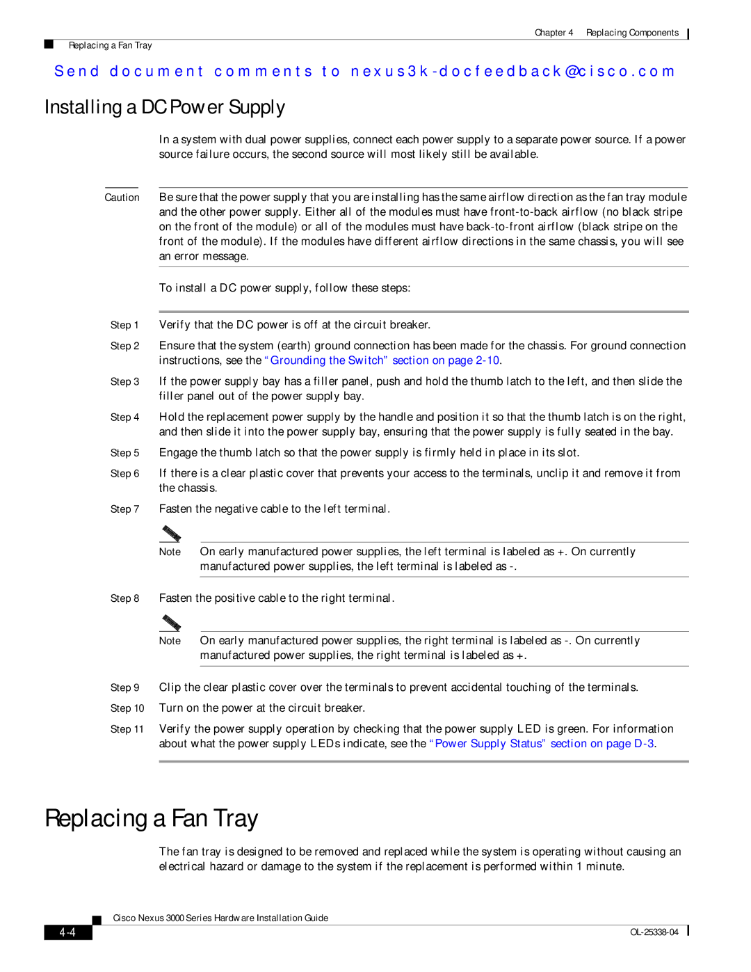 Cisco Systems N3KC3524P10G manual Replacing a Fan Tray, Installing a DC Power Supply 