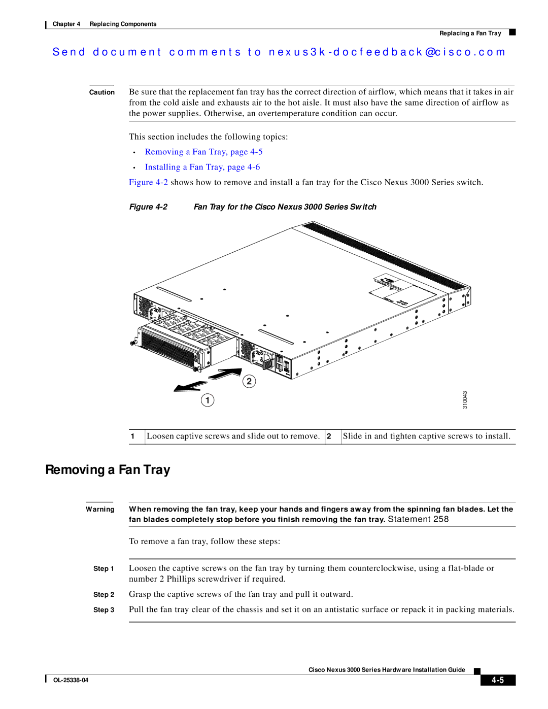 Cisco Systems N3KC3524P10G manual Removing a Fan Tray, Installing a Fan Tray 