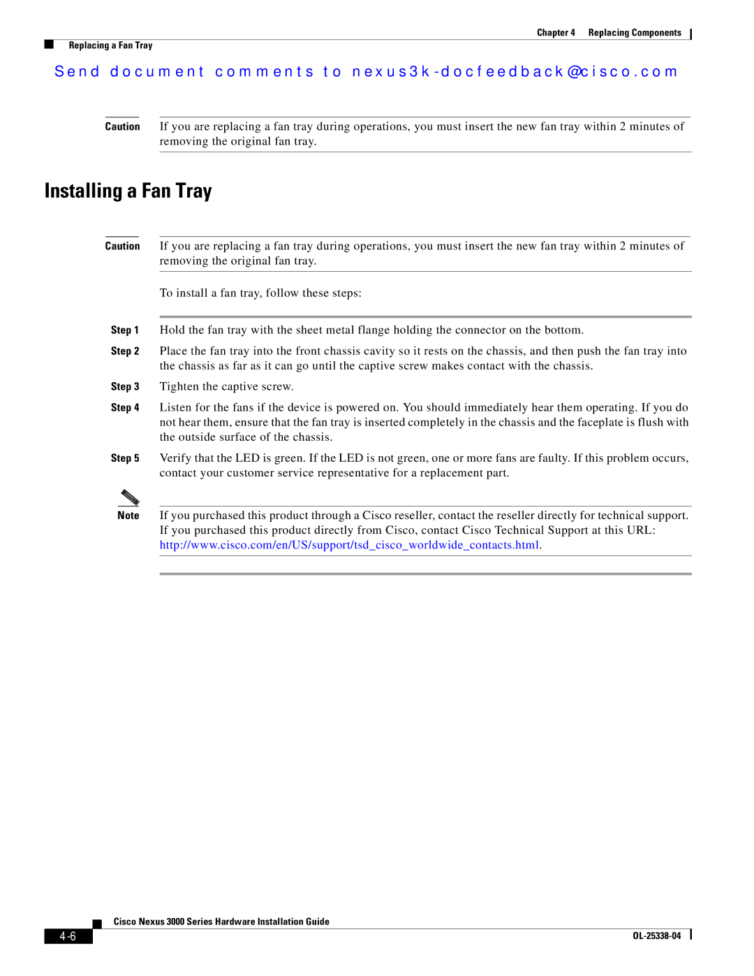 Cisco Systems N3KC3524P10G manual Installing a Fan Tray 