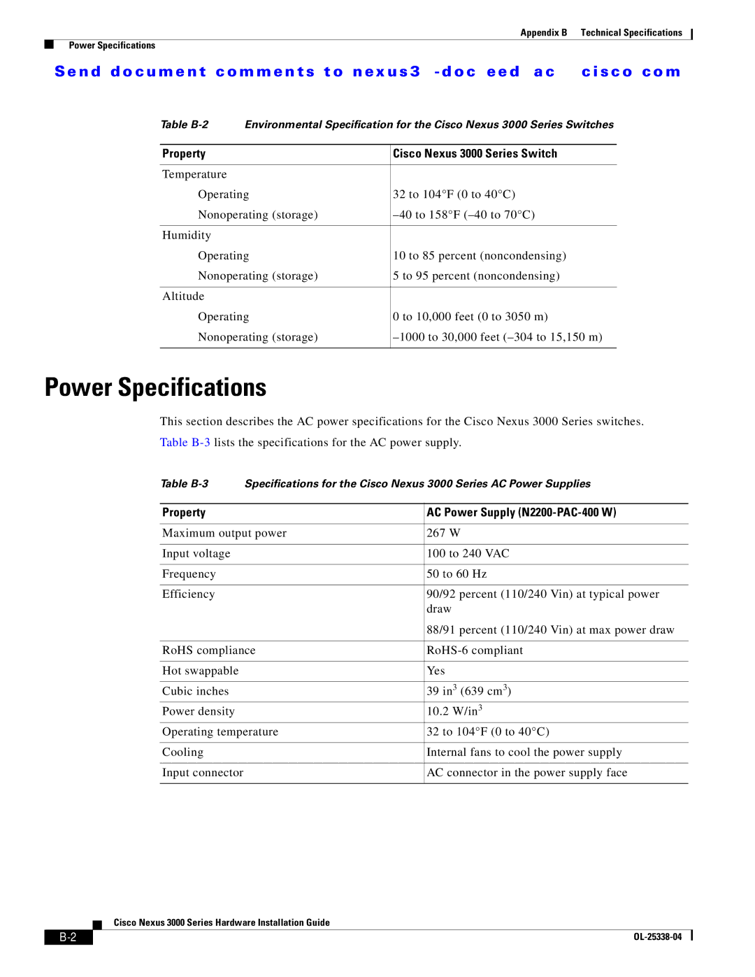 Cisco Systems N3KC3524P10G manual Power Specifications, Property Cisco Nexus 3000 Series Switch 