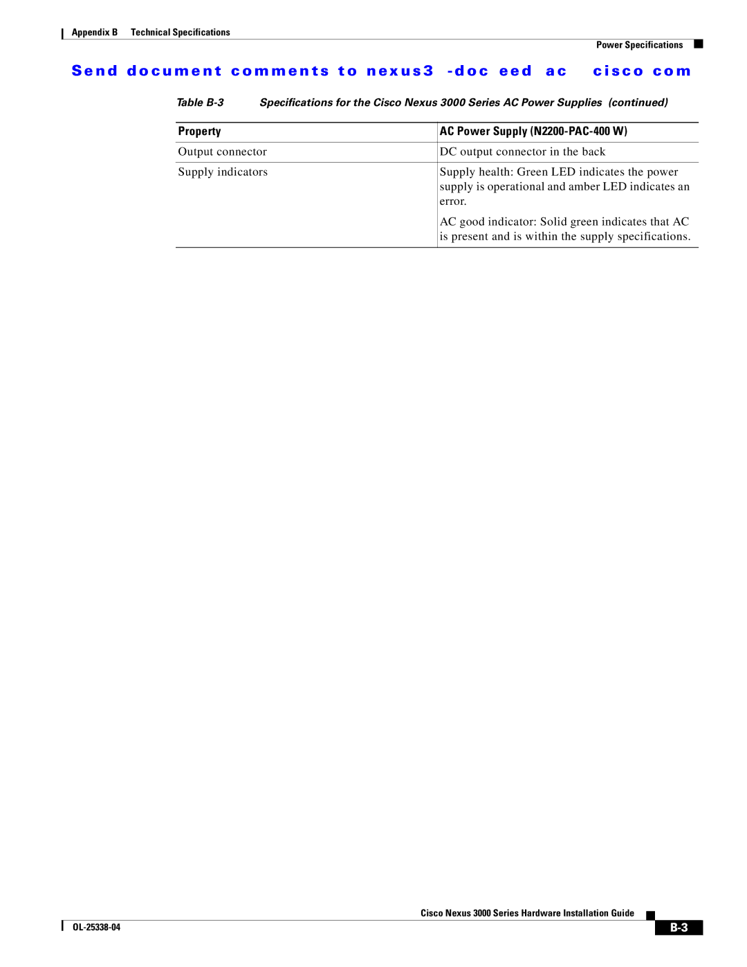 Cisco Systems N3KC3524P10G manual Property AC Power Supply N2200-PAC-400 W 