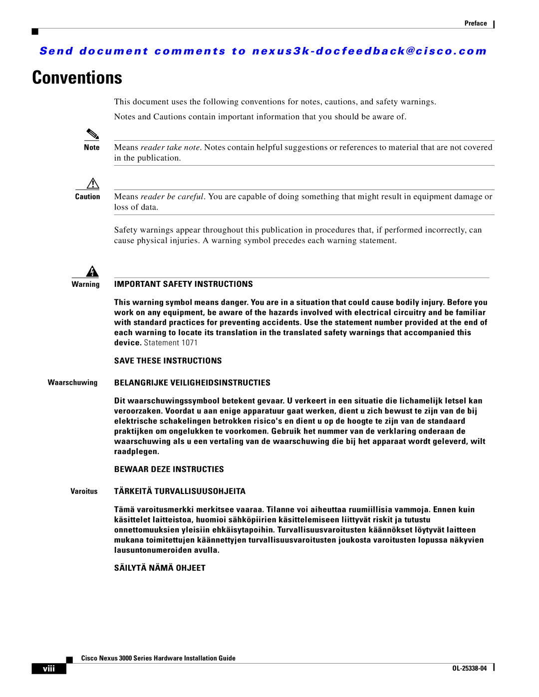 Cisco Systems N3KC3524P10G manual Conventions, Bewaar Deze Instructies 