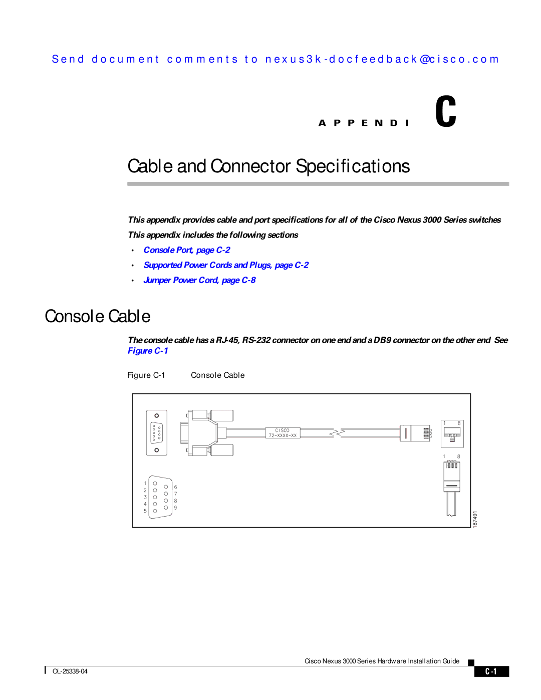 Cisco Systems N3KC3524P10G manual Cable and Connector Specifications, Console Cable 