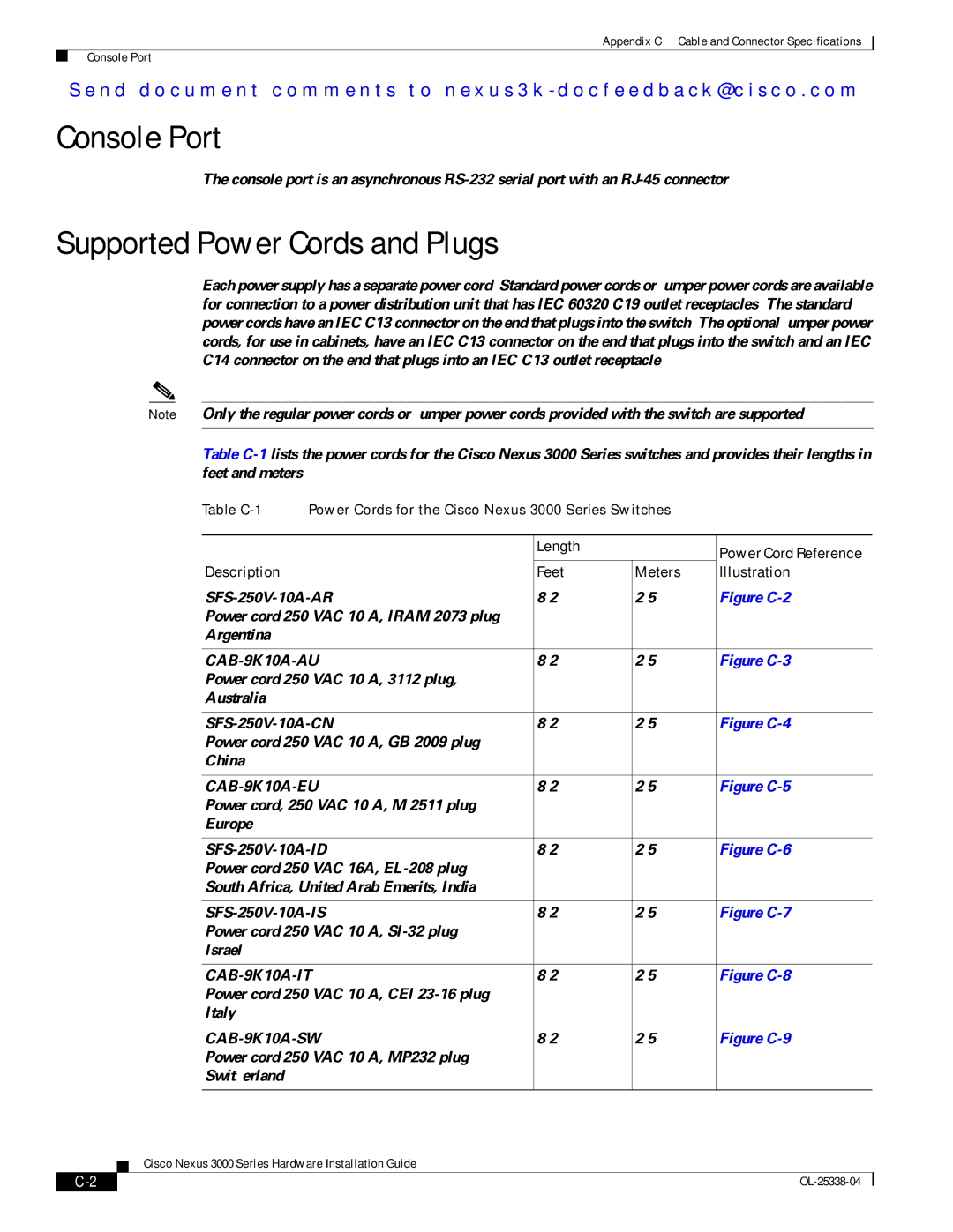 Cisco Systems N3KC3524P10G Console Port, Supported Power Cords and Plugs, Length, Description Feet Meters Illustration 