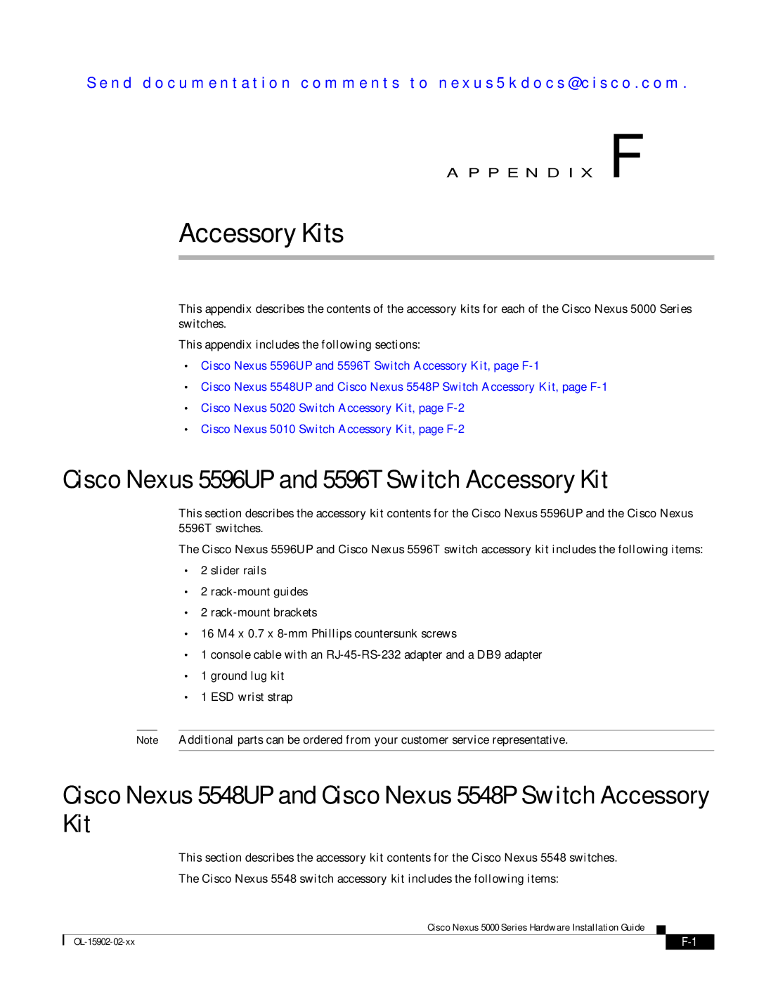 Cisco Systems N5KC5548UPFA, N55M4Q manual Accessory Kits, Cisco Nexus 5596UP and 5596T Switch Accessory Kit 