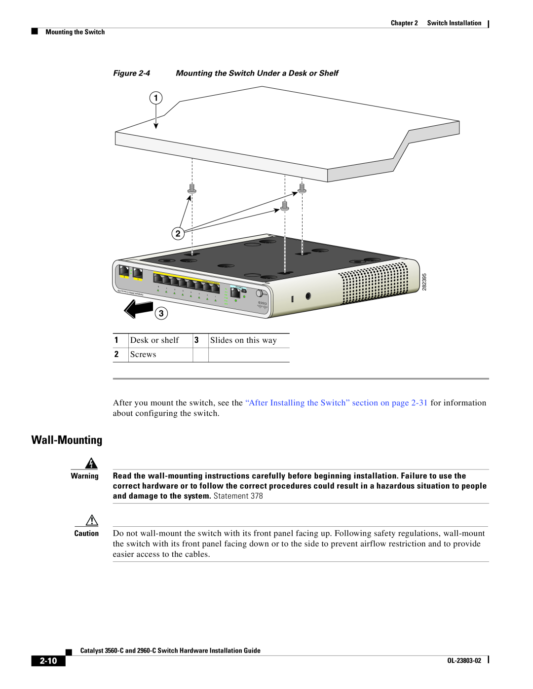 Cisco Systems N55M4Q manual Wall-Mounting, 2-10, Desk or shelf, Slides on this way 