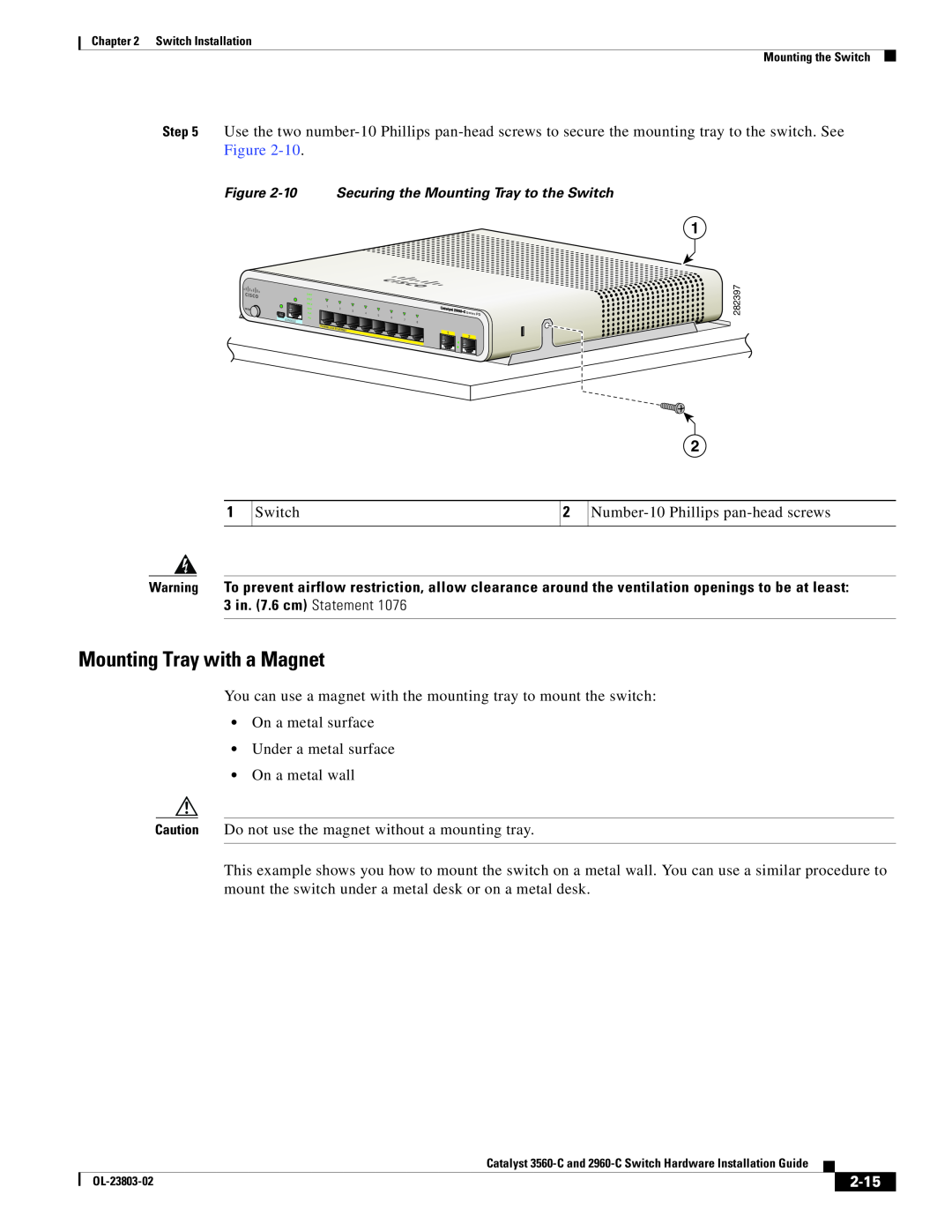 Cisco Systems N55M4Q manual Mounting Tray with a Magnet, 2-15, 10 Securing the Mounting Tray to the Switch 