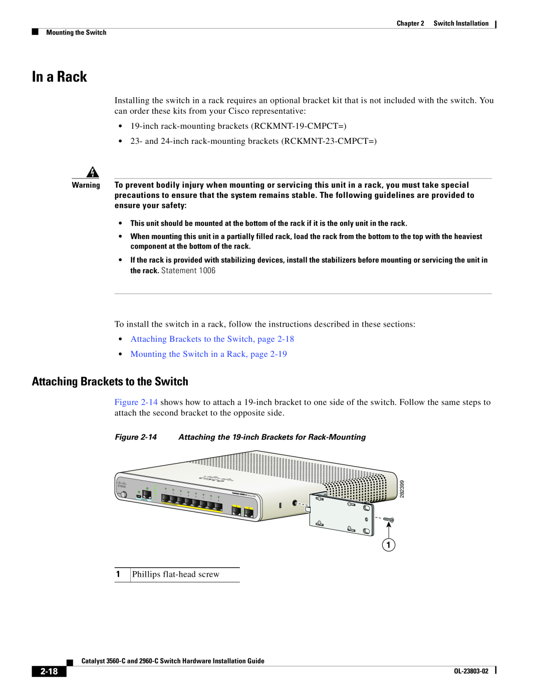 Cisco Systems N55M4Q In a Rack, Attaching Brackets to the Switch, page, Mounting the Switch in a Rack, page, 2-18 