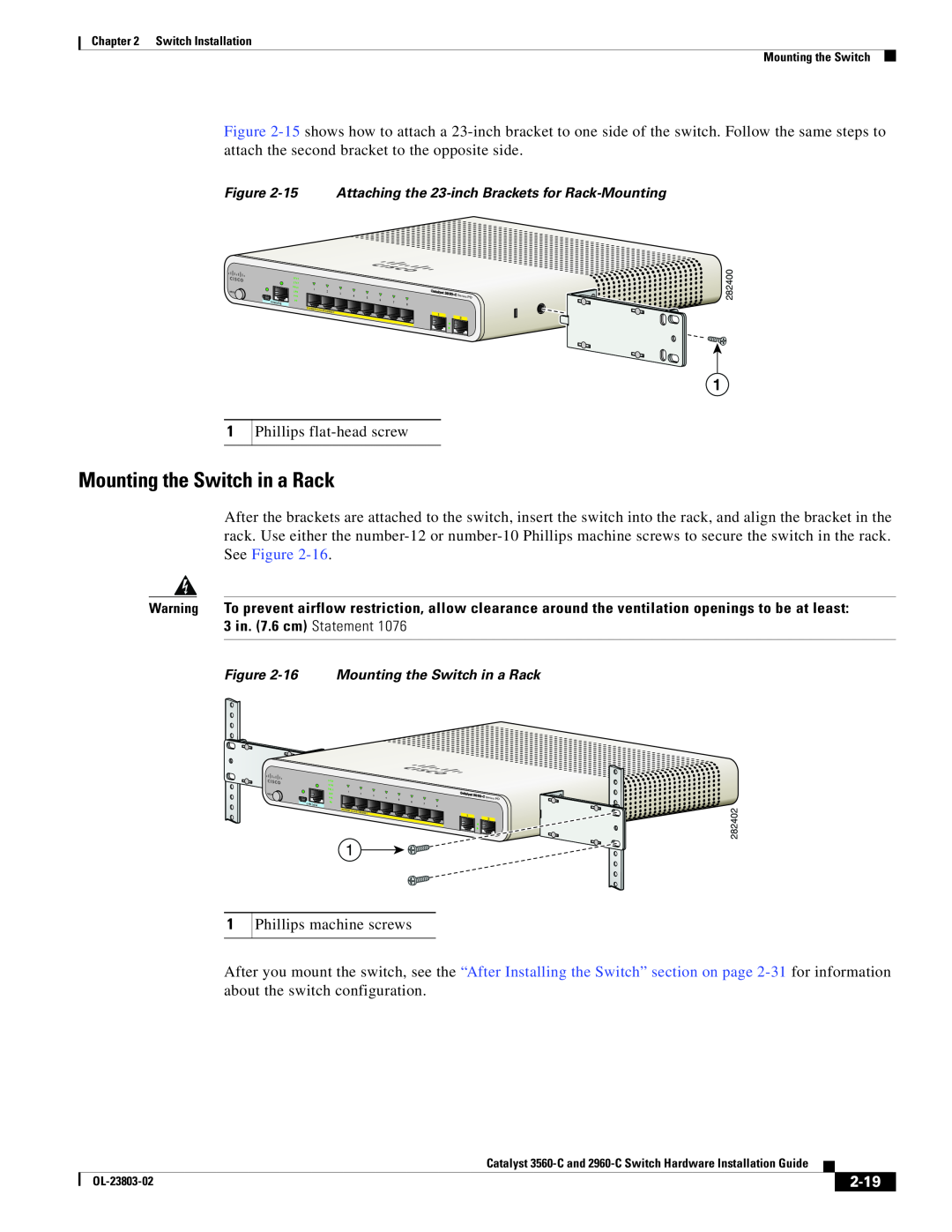 Cisco Systems N55M4Q manual Mounting the Switch in a Rack, 2-19, 15 Attaching the 23-inch Brackets for Rack-Mounting 