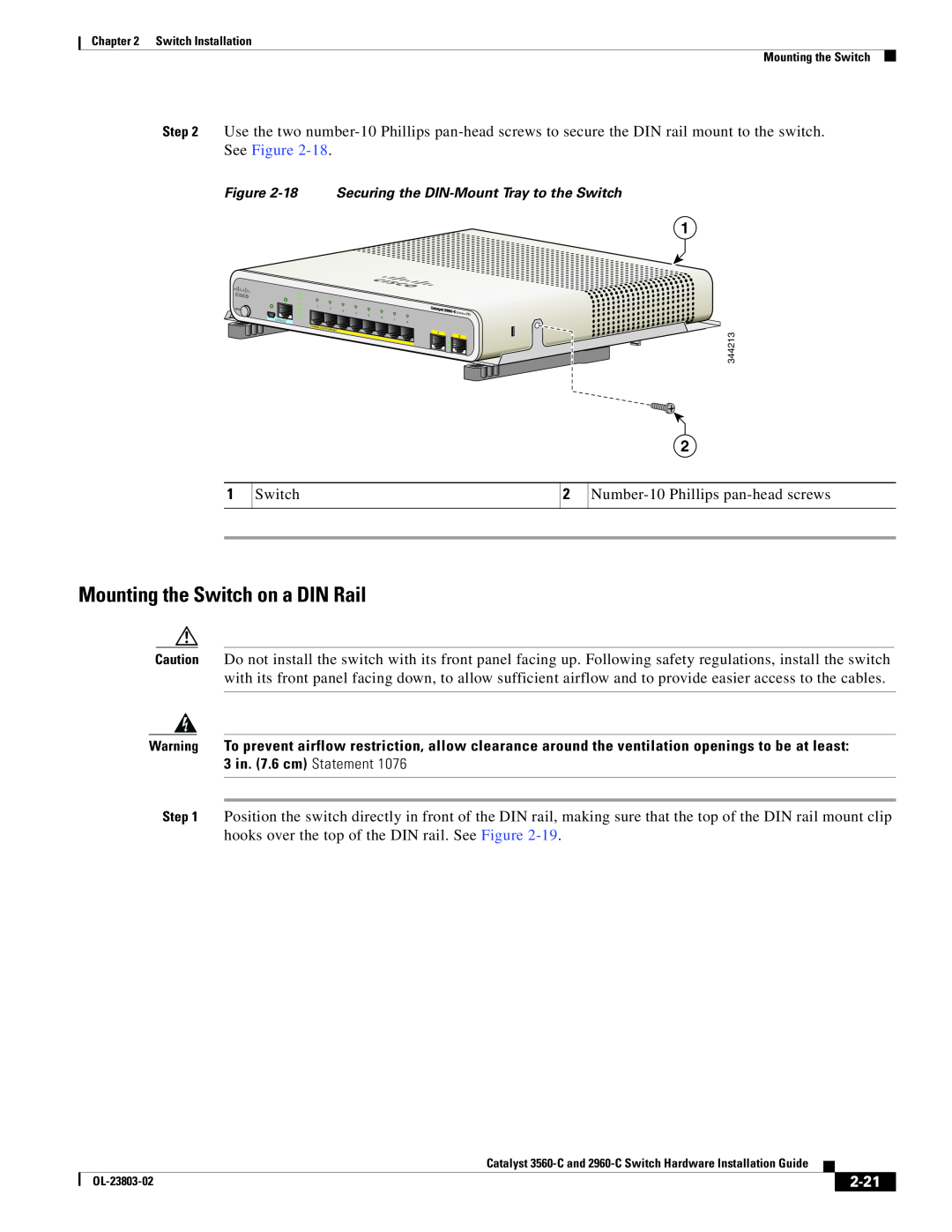 Cisco Systems N55M4Q manual Mounting the Switch on a DIN Rail, 2-21, 18 Securing the DIN-Mount Tray to the Switch 
