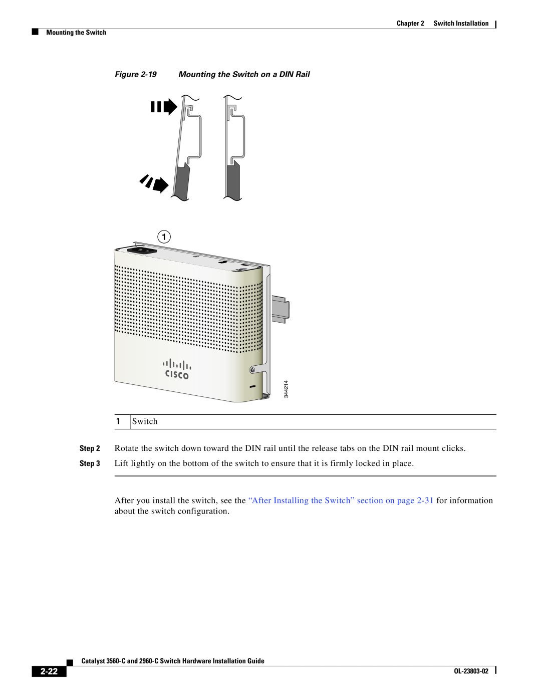 Cisco Systems N55M4Q manual 2-22, 19 Mounting the Switch on a DIN Rail 