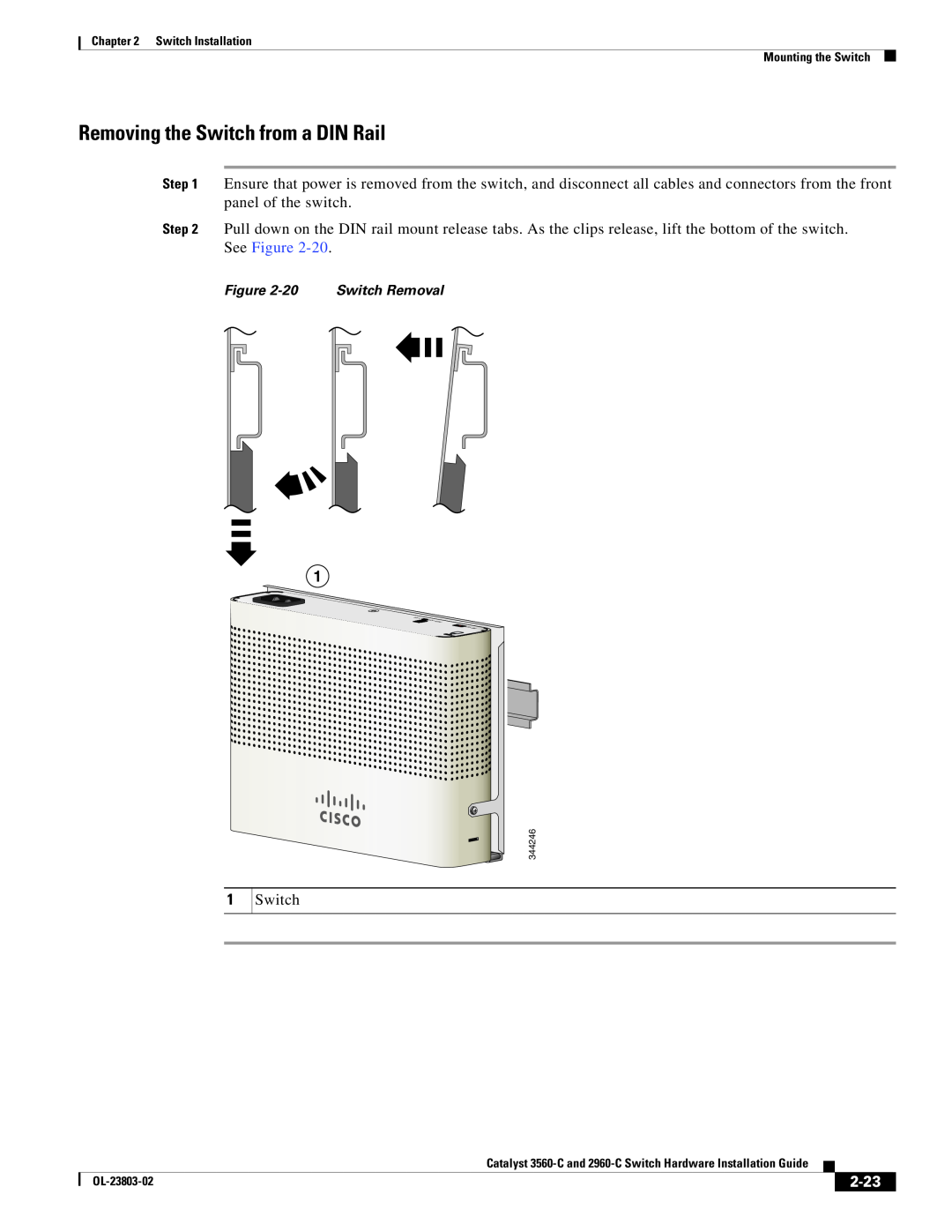 Cisco Systems N55M4Q manual Removing the Switch from a DIN Rail, 2-23, Switch Removal 