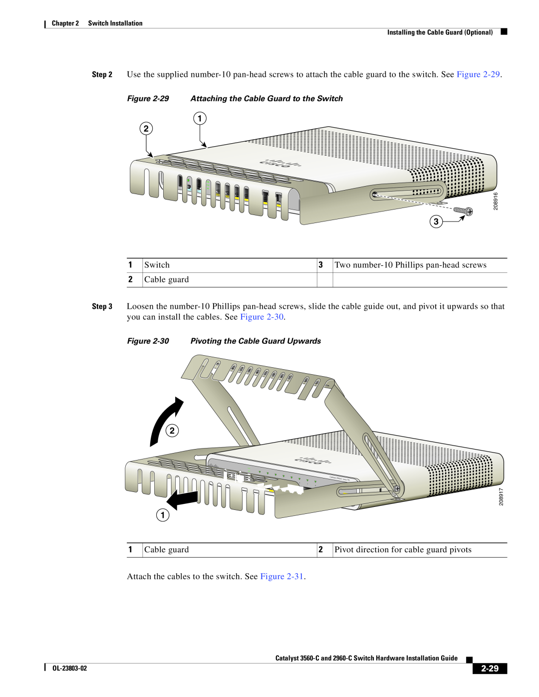 Cisco Systems N55M4Q manual 2-29, 29 Attaching the Cable Guard to the Switch, 30 Pivoting the Cable Guard Upwards, Catalyst 