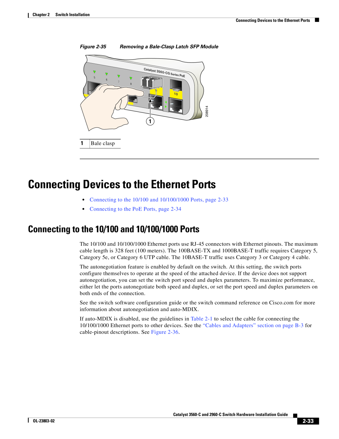 Cisco Systems N55M4Q manual Connecting Devices to the Ethernet Ports, Connecting to the 10/100 and 10/100/1000 Ports, 2-33 